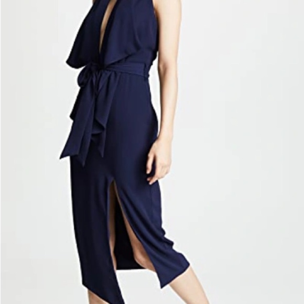 MISHA COLLECTION Deep Navy Halter Midi Dress with Waist Tie